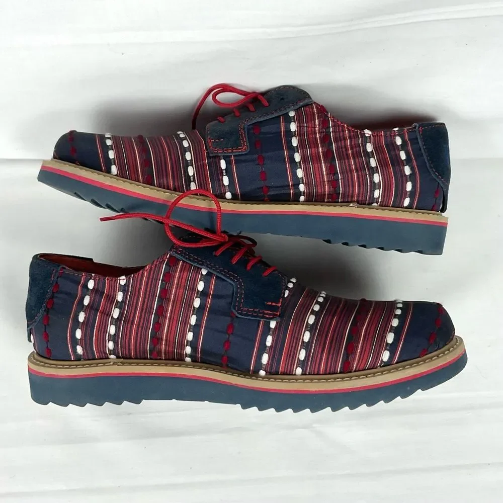 Zull Yakard Textile Oxfords Blue & Red Shoes Mens Size 8.5 Derby Lace-Up
